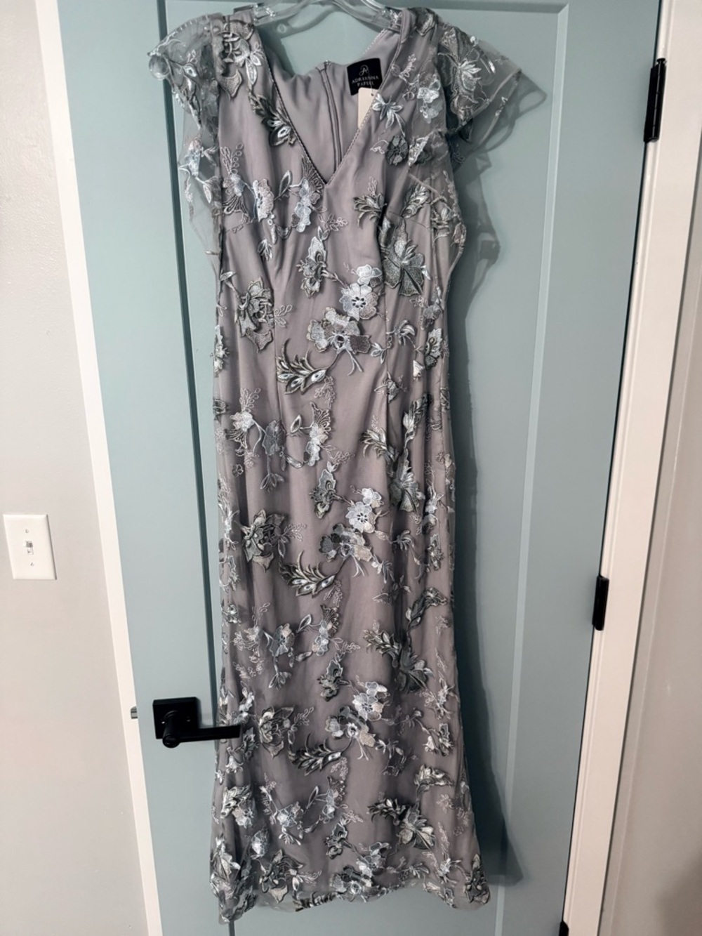 Formal Embroidered Floral Maxi Dress in dusty blue and Silver